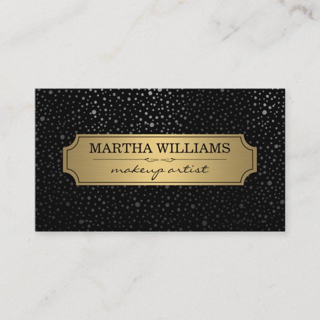 Gold Frame with Metallic Dots Pattern Black Business Card (Front)