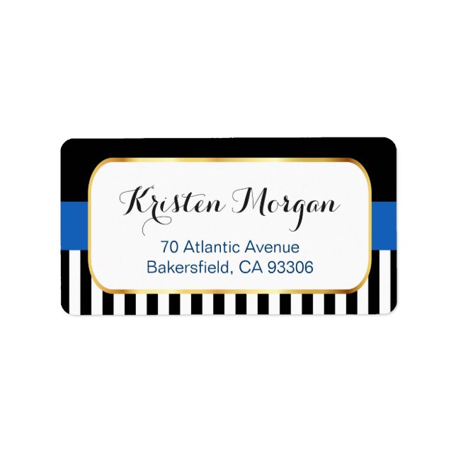 Gold Frame with Navy Blue Black White Stripes Label (Front)