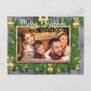 Gold Frame With Pine and Planks Christmas Photo Holiday Postcard