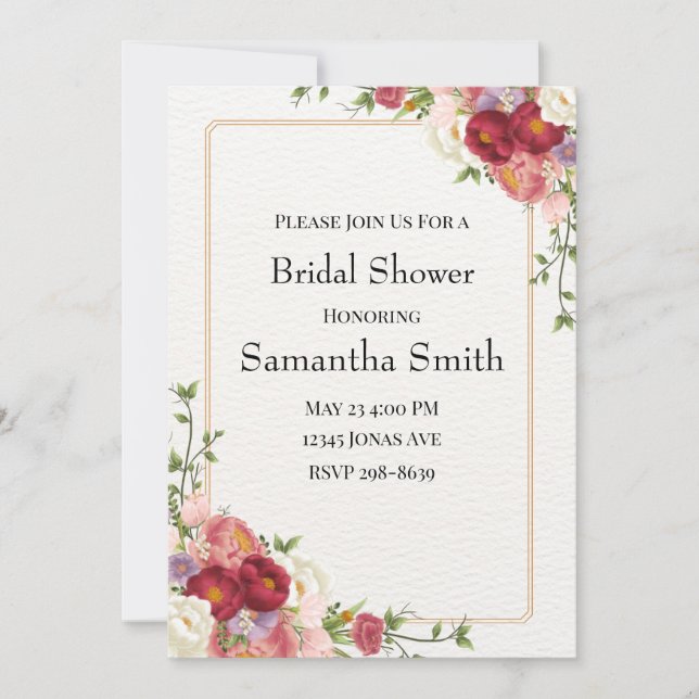 Gold Frame with Pretty Flowers Bridal Shower  Invitation (Front)