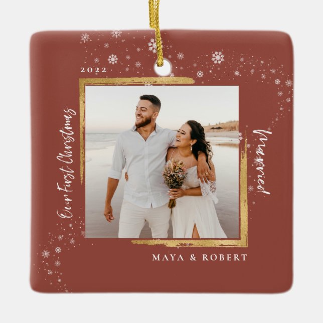 Gold Framed Photo Our First Christmas Married   Ceramic Ornament (Front)