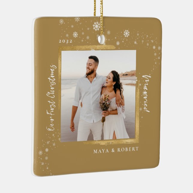 Gold Framed Photo Our First Christmas Married  Ceramic Ornament (Right)