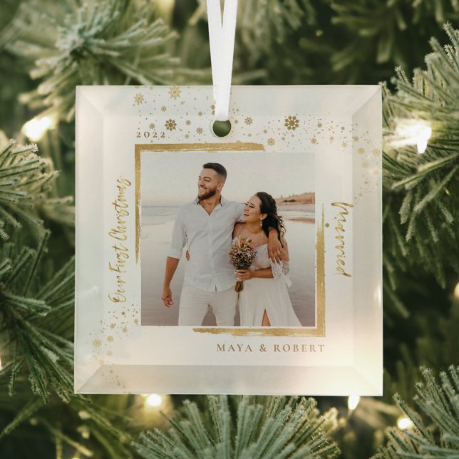 Gold Framed Photo Our First Christmas Married  Glass Ornament (Insitu)