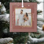 Gold Framed Photo Our First Christmas Married  Glass Ornament<br><div class="desc">Modern brushed-gold framed wedding photo amid snowflakes,  with Our First Christmas Married in a festive white calligraphy script,  makes the perfect memento keepsake gift for the just married newlyweds,  this Christmas holiday season.  Easily customize your name and year of choice.</div>