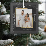 Gold Framed Photo Our First Christmas Married   Glass Ornament<br><div class="desc">Modern brushed-gold framed wedding photo amid snowflakes,  with Our First Christmas Married in a festive white calligraphy script,  makes the perfect memento keepsake gift for the just married newlyweds,  this Christmas holiday season.  Easily customize your name and year of choice.</div>