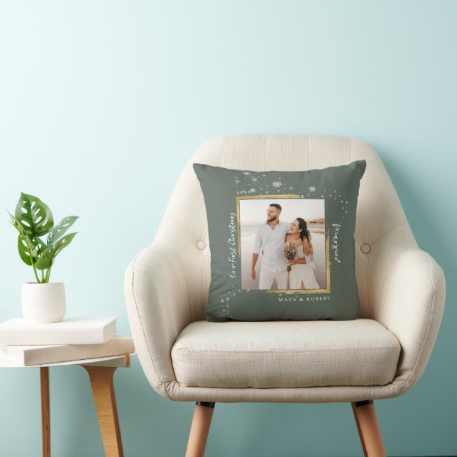 Gold Framed Photo Our First Christmas Married  Throw Pillow (Chair)