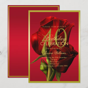Gold Framed Romantic Red Rose Birthday Invitation