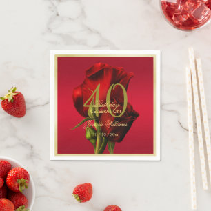 Gold Framed Romantic Red Rose Birthday Napkin