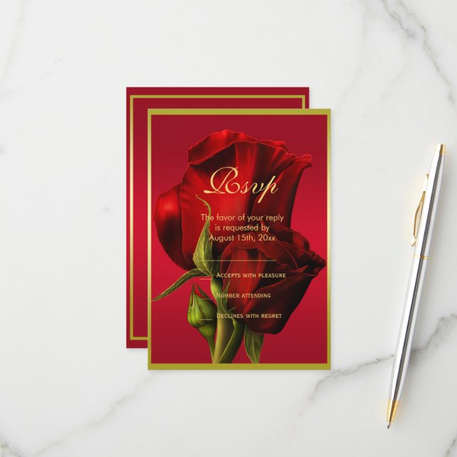 Gold Framed Romantic Red Rose Birthday RSVP Card (Front/Back In Situ)