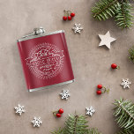Gold Frankincense and Myrrh Vintage Christmas Logo Hip Flask<br><div class="desc">Our cool Christmas flask is the perfect vessel for bringing your hot toddy along to holiday festivities. Festive cranberry red design features a vintage company logo for Gold's Exotic Spices,  Specializing in Frankincense and Myrrh,  in a circular badge design with trendy monoline block and script typography.</div>