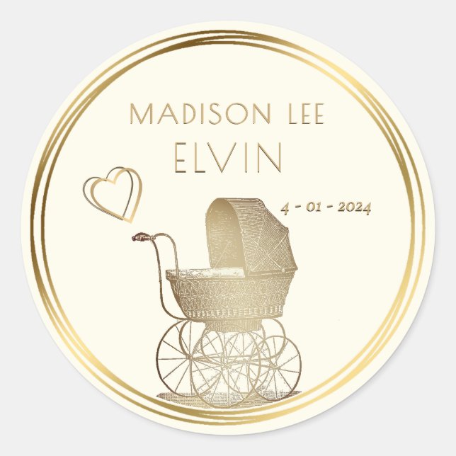 Gold French Baby Carriage Birth Date Announcement  Classic Round Sticker (Front)