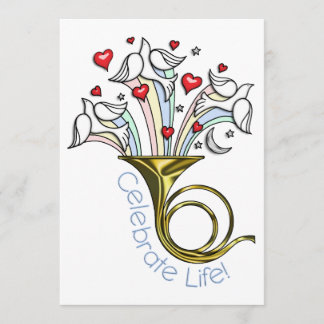 Gold French Horn, Doves, Hearts, Celebrate Life Invitation