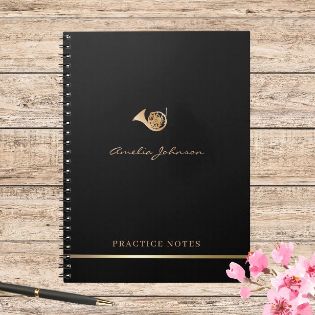 Gold French Horn Elegant Script Stylish Musician Notebook (Creator Uploaded)