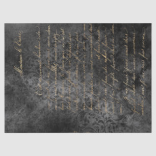 Gold French Script on Distressed Grey Decoupage Tissue Paper