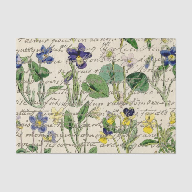 Gold French Script Viola Flowers Vintage Tissue Paper (Front)