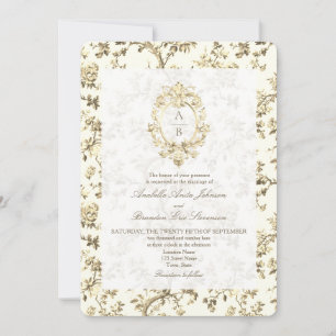 Gold French Toile Monogram QR Code Wedding Invitation