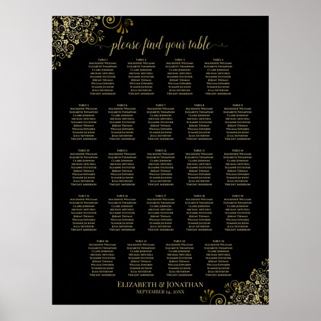 Gold Frills 23 Table Wedding Seating Chart Black (Front)
