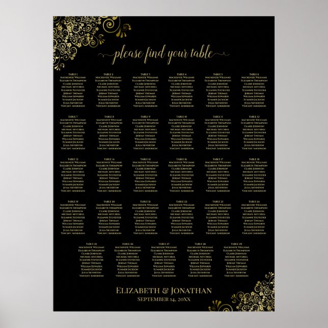 Gold Frills 29 Table Wedding Seating Chart Black (Front)