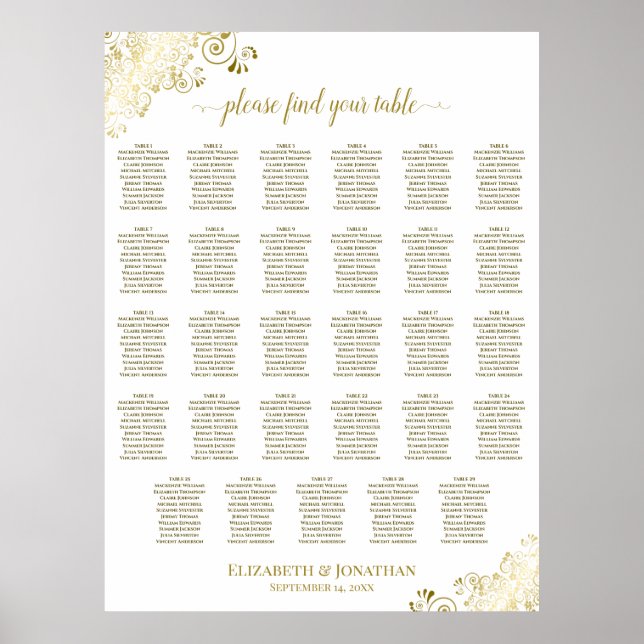 Gold Frills 29 Table Wedding Seating Chart White (Front)