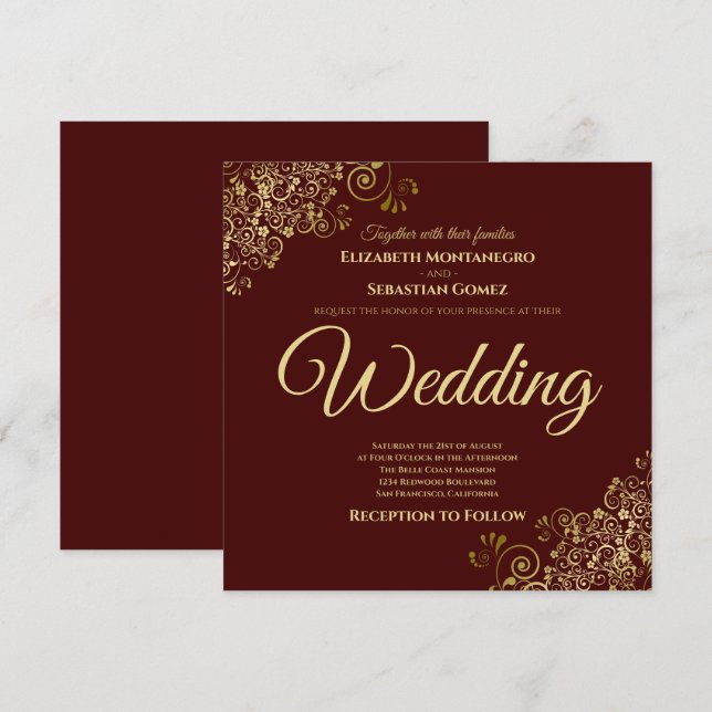 Gold Frills Auburn Brown Elegant Square Wedding Invitation (Front/Back)