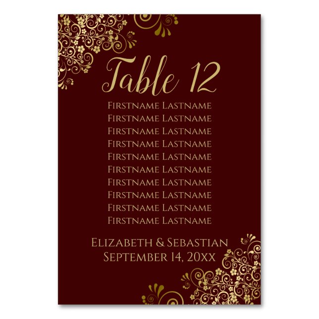 Gold Frills Auburn Brown Wedding Seating Chart Table Number (Front)
