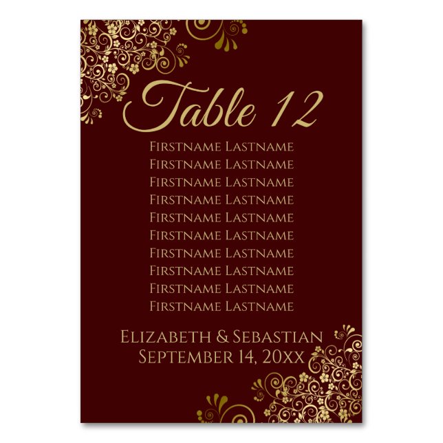 Gold Frills Auburn Elegant Wedding Seating Chart Table Number (Back)