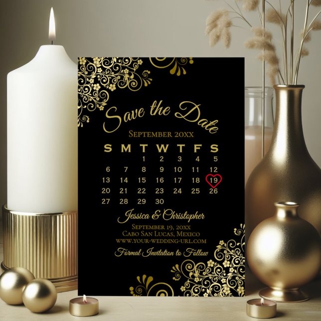Gold Frills Black Simple Elegant Wedding Calendar Save The Date (Creator Uploaded)