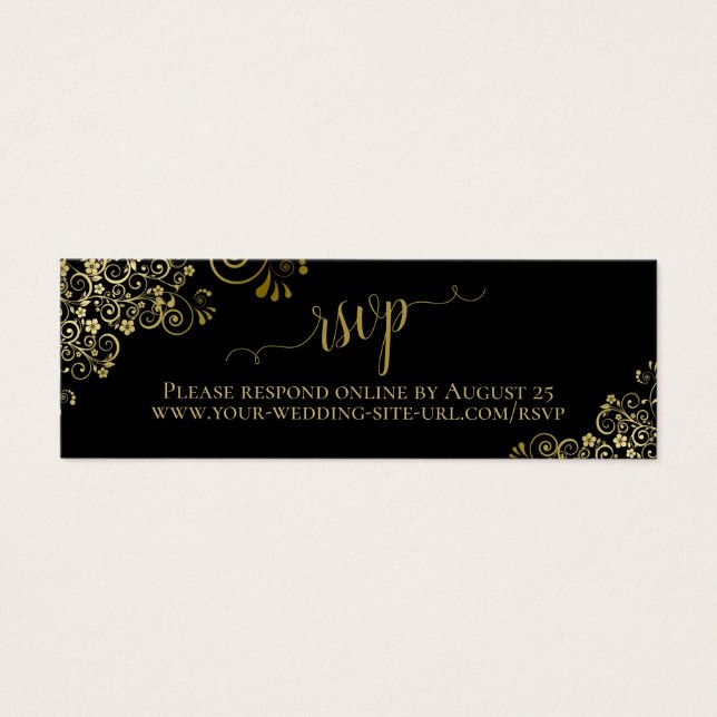 Gold Frills Black Wedding RSVP Carte en ligne (Devant)