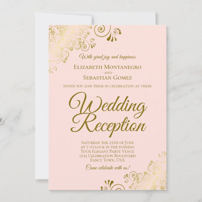 Gold Frills & Blush Pink Elegant Wedding Reception Invitation (Front)