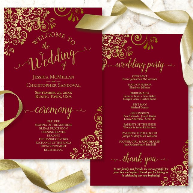 Gold Frills Burgundy Maroon Programme de mariage b (Front/Back)