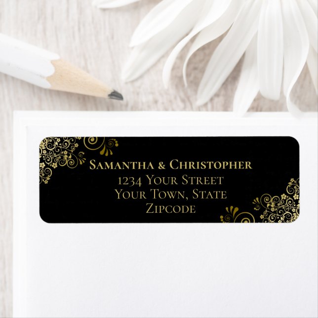Gold Frills Elegant Black Wedding Return Address (Insitu)