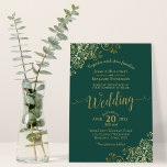Gold Frills Elegant Emerald Green Wedding Invitation<br><div class="desc">This beautiful wedding invitation features a simple yet elegant design with lacy script calligraphy on an emerald green background and frilly gold faux foil filigree in the corners. The wording is formal,  but the layout is modern and stylish.</div>