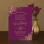 Gold Frills Elegant Magenta Plum Purple Wedding Invitation<br><div class="desc">This beautiful wedding invitation features a simple yet elegant design with lacy script calligraphy on a magenta plum purple colored background and frilly gold faux foil filigree in the corners. The wording is formal,  but the layout is modern and stylish.</div>