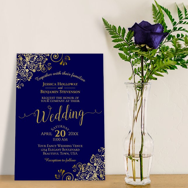 Gold Frills Elegant Navy Blue Wedding Invitation (Creator Uploaded)