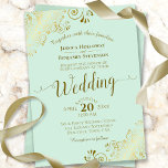 Gold Frills Elegant Neo Mint Green Wedding Invitation<br><div class="desc">This beautiful wedding invitation features a simple yet elegant design with lacy script calligraphy on a neo mint green coloured background and frilly gold faux foil filigree in the corners. The wording is formal,  but the layout is modern and stylish.</div>