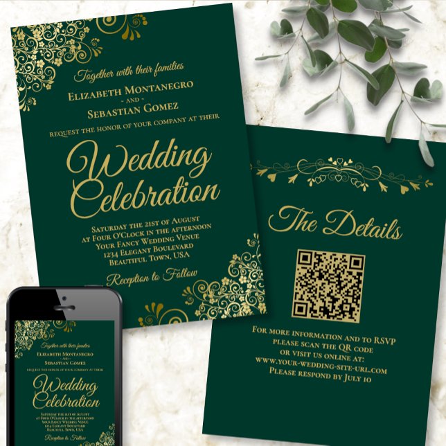 Gold Frills Emerald Green Elegant QR Code Wedding Invitation (Creator Uploaded)