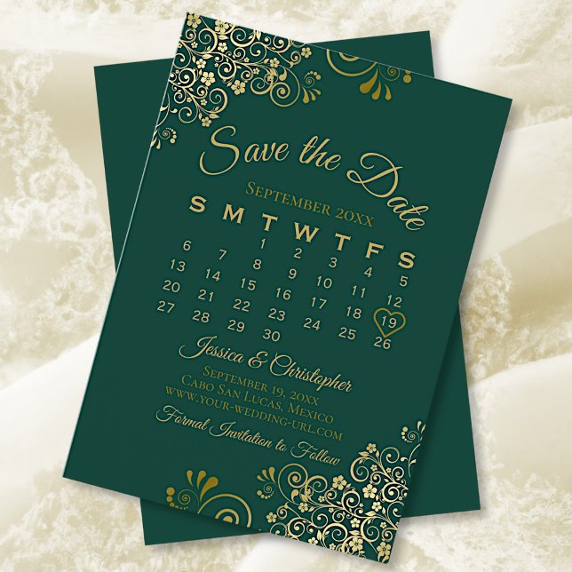 Gold Frills Emerald Green Elegant Wedding Calendar Save The Date (Creator Uploaded)
