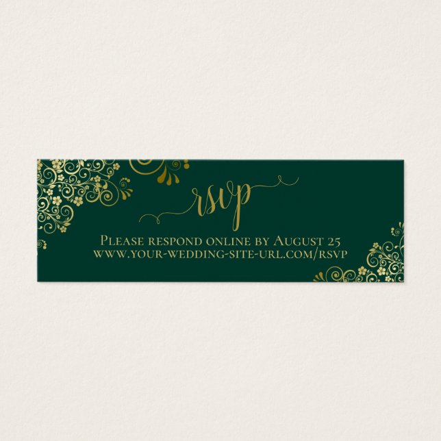 Gold Frills Emerald Green Wedding RSVP Online Card (Front)