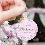 Gold Frills & Lilac Purple Bridesmaid Wedding Gift Keychain<br><div class="desc">These keychains are designed to give as favours to bridesmaids in your wedding party. They feature a simple yet elegant design with a pale lilac purple coloured background, gold script lettering, and a lacy golden faux foil floral border. The text says "Bridesmaid" with space for her name, the names of...</div>