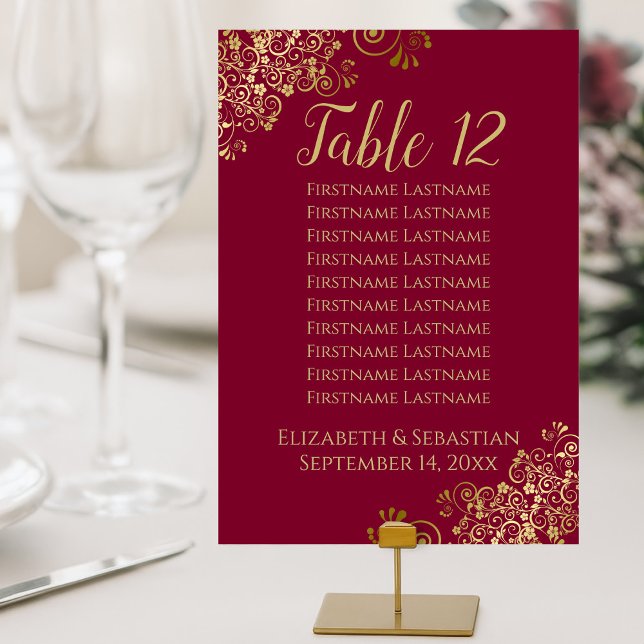 Gold Frills Maroon Burgundy Mariage Carte de siège (Small Cards for on-Table Display. For Larger Cards see the Seating Chart Section.)