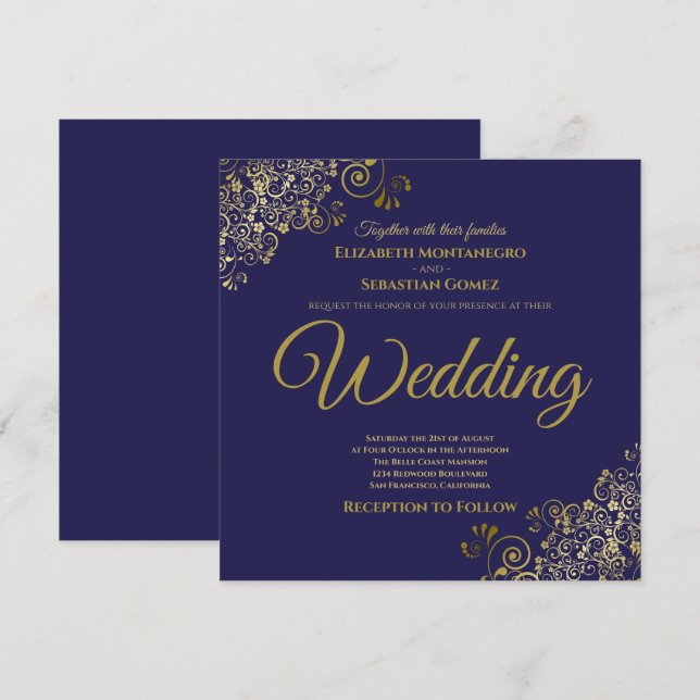 Gold Frills Navy Blue Elegant Square Wedding Invitation (Front/Back)