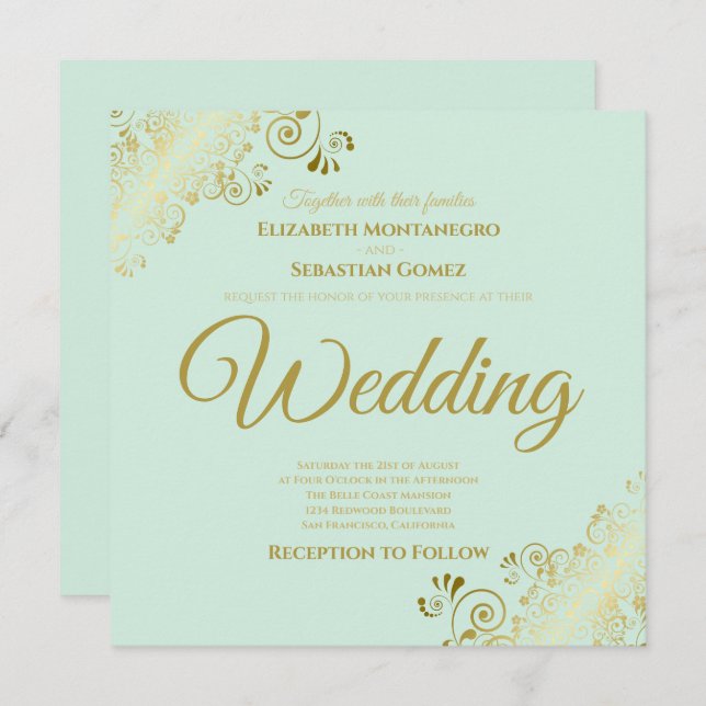 Gold Frills Neo Mint Green Elegant Square Wedding Invitation (Front/Back)