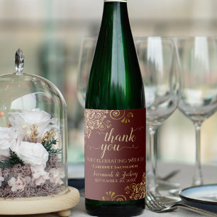 Gold Frills on Burgundy Wedding Thank You Wine Label