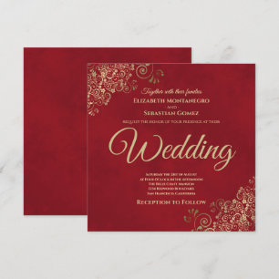 Gold Frills on Crimson Red Elegant Square Wedding Invitation