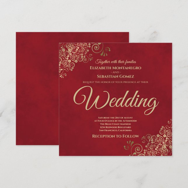 Gold Frills on Crimson Red Elegant Square Wedding Invitation (Front/Back)