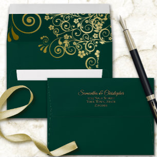 Gold Frills on Emerald Green Elegant Wedding Envelope