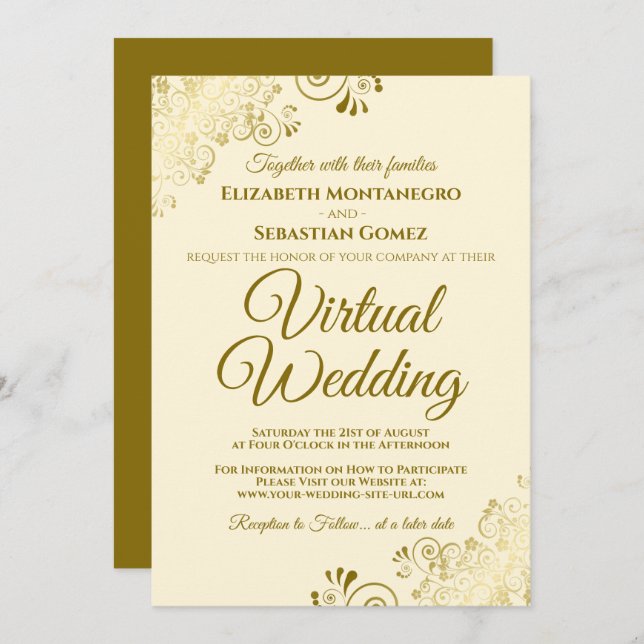 Gold Frills on Ivory Cream Elegant Virtual Wedding Invitation (Front/Back)