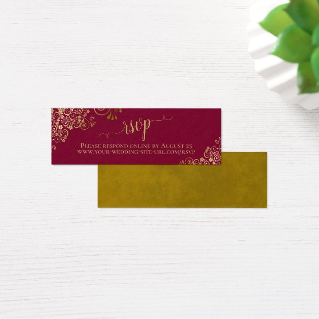 Gold Frills on Maroon Wedding RSVP Online Card (Desk)