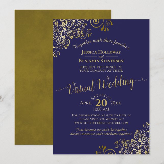Gold Frills on Navy Blue Elegant Virtual Wedding Invitation (Front/Back)