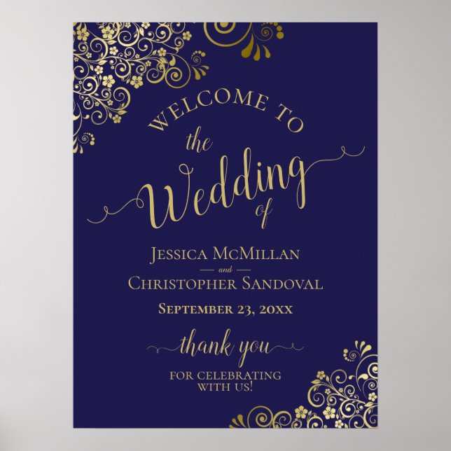Gold Frills on Navy Blue Elegant Wedding Welcome Poster (Front)